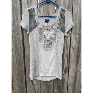 Daytrip Womens Gray Short Sleeve Embellished Lace Boho Knit Top Small